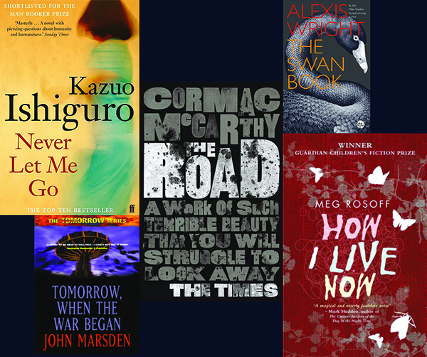 black background with five book covers: Never Let Me Go by Kazuo Ishiguro, Tomorrow, When The War Began, The Road by Cormac McCarthy, The Swan Book by Alexis Wright, How I Live Now by Meg Rosoff