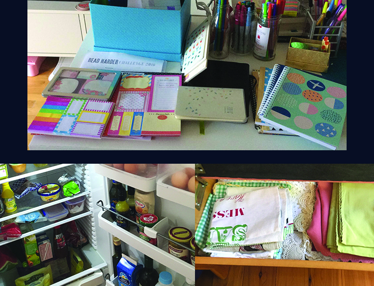 Top image: a pile of stationary on a desk, including notebooks, a lots of sticky notes, jars of pens and a 2016 planner. Bottom left: open fridge door showing a clean and tidy fridge. Bottom right: a pile of neatly folded teatowls and table cloths