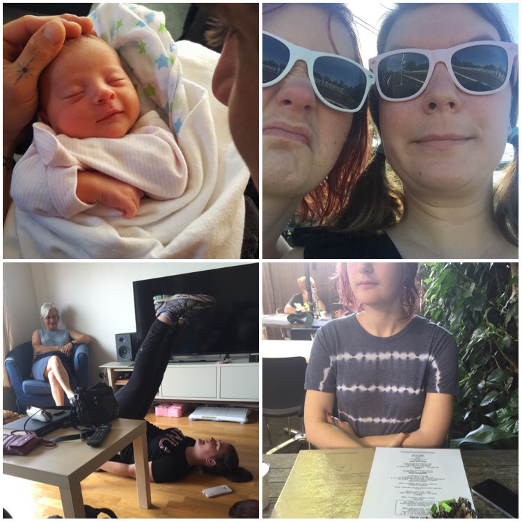 Image with four photos. Image one is a small newborn baby, image two is a photo of two white people in sunglasses one is smiling, the other is pulling a face. Image three is a room with a white woman sitting in a corner armchair while another lies on the floor infront of a tv stretching their legs in the air. Image four is a white person witting at a table with a menu, behind them is a wall of plants and you can see some of a cafe in the background. Their arms are crossed.
