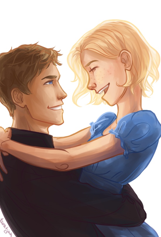 Drawing of Cress and Thorne from Cress by Marissa Meyer, a white man with brown hair with his arms around a white woman with blonde hair, it looks like he's just picked her up and they are smiling at each other