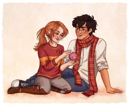 a drawing of Harry and Ginny sitting together on the ground.