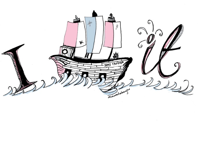 A drawing of the Letter I, a ship and then the word 'it' on waves