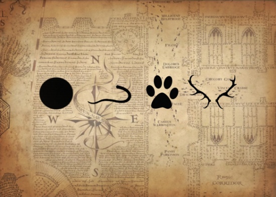 Graphic with a part of the Maurarder's Map in the background. In the forground is four symbols in solid black: a circle, a rat tail, a paw print and stag antlers