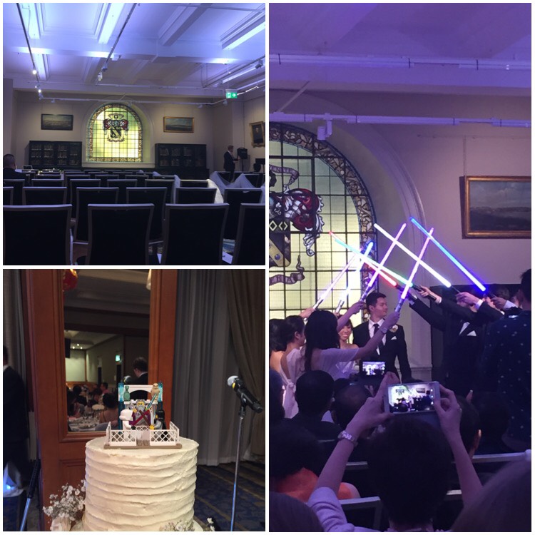 Collage of three photos. Top left is an empty room, it is the reading room at the NSW State Library. Bottom left shows a wedding cake with lego minifigs in a light saber battle as the topper. Right shows an Asian bride and groom walking through their bridal party as they hold up lightsabers to form a tunnel.