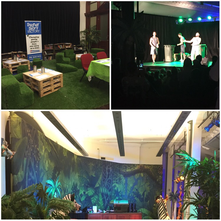 A collage of three photos. Top left is a collection of wooden crates with paper and tins with pencils. The floor and seating are covered in fake grass. Top right is a dark room with a stage in the middle. There are three indestinguisable people standing on the stage in a spotlight next to a wheelie bin. Bottom photo is a room decorated with fake plants and zebras to resemble a jungle, at the back of the room is a coffee machine.