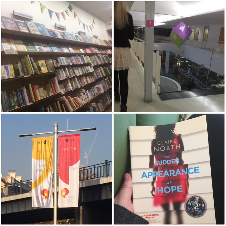 A collage of four photos. Top left shows a wall of shelves with books. Top right shows a person with blonde hair walking, and an SBS logo hanging over a lobby. Bottom left shows banners hanging from a street light pole. One is yellow and while and the other is red and white and they are promoting the Sydney Writer's Festival