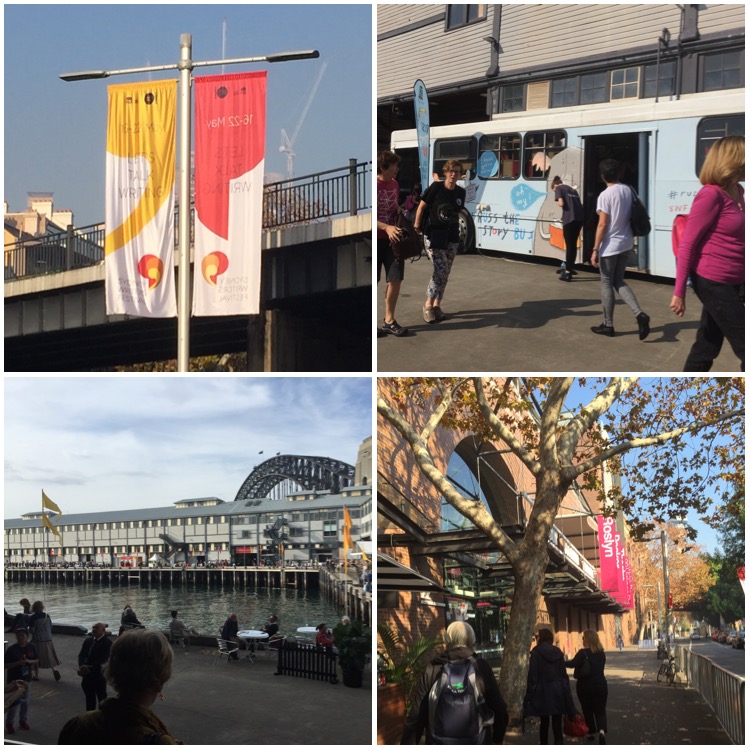 Collage of four photos from around the festival. Top left shows two banners promoting the festival. Top right shows a decorated blue buss called Russ the Story Bus with people walking in front. Bottom left shows the warf with people walking around, in the background you can see the top of the Sydeny Harbor Bridge. Bottom right shows people walking along a road, there is a large tree in the foreground and a building with banners reading Rosyln (it is the Roslyn Packer Theatre.)