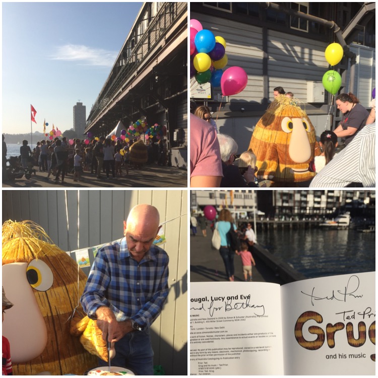 Collage of four photos. Top left shows a ground of people with balloons. Top right shows a crown of people around a person in a Grug costume. Bottom left shows the Grug constume with a bald white man in a blue check shirt cutting a cake. Bottom right shows a book open to the title page. It says Grug and his music and is signed by Ted Prior, the author.