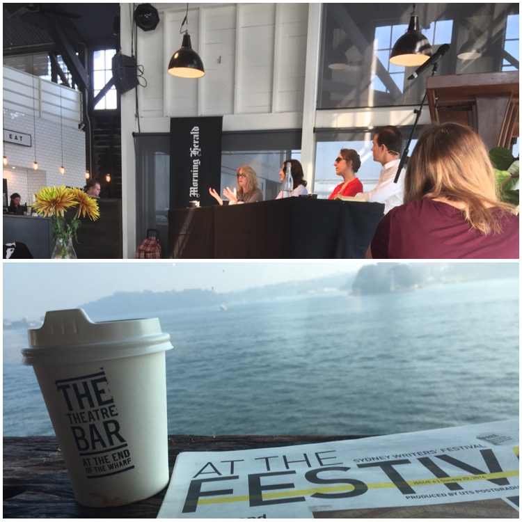 Two photos. Top photo shows a panel of white people talking. Bottom photo shows a takaway coffee and paper in front of a window looking over the water