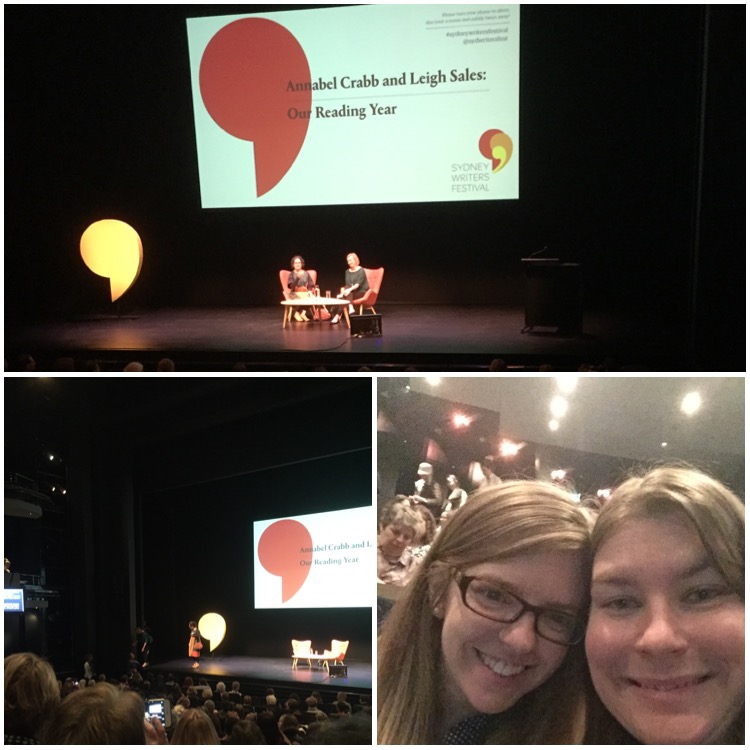 A collage of three photos from the Our Reading Year talk with Annabel Crabb and Leigh Sales. Top photo shows a large black stage and background with two women sitting in large red chairs infront of a table. Their features are indestinguisable. Bottom left shows part of the audience, and the two women standing on the edge of the stage talking to an audience member. Bottom right is a self of two white women smiling, one has blond hair and glasses, the other has brown hair.