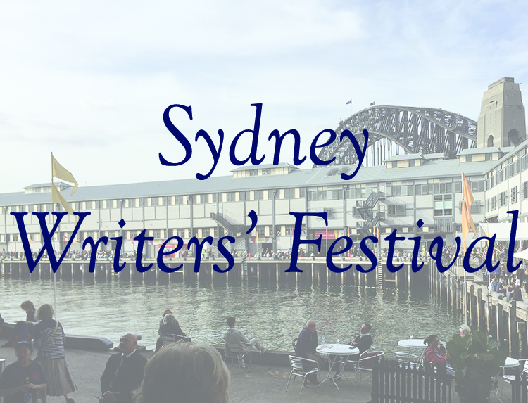 Photo of the warf with writers' fesitval attendees walking around. Text reads Sydney Writers' Festival in dark blue