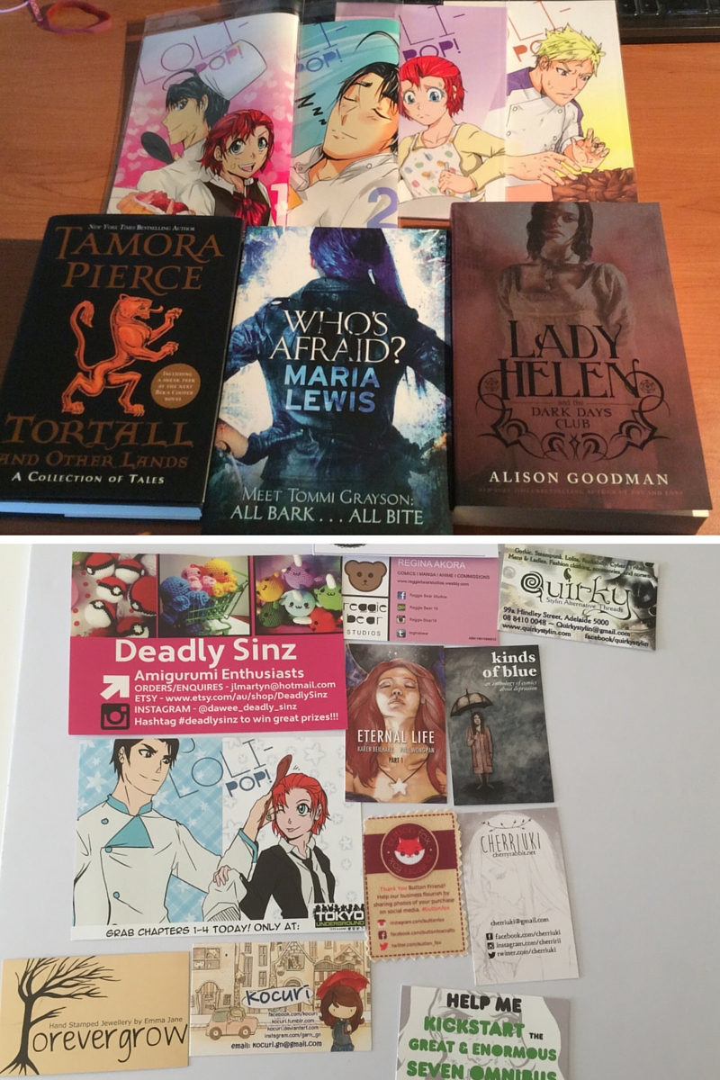 top photo: four comics called Loli-Pop, three books: Tortall and Other Lands by Tamora Pierce, Who's Afraid by Maria Lewis and Lady Helen and the Dark Days Club by Alison Goodman